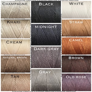 May include: A chart of 12 spools of embroidery floss in various colors, including champagne, black, white, khaki, cream, natural brown, tan, midnight, dark gray, gray, straw, camel, brown, and old rose. The spools are labeled with the color name and the brand "KURI POTME CREATIONS".