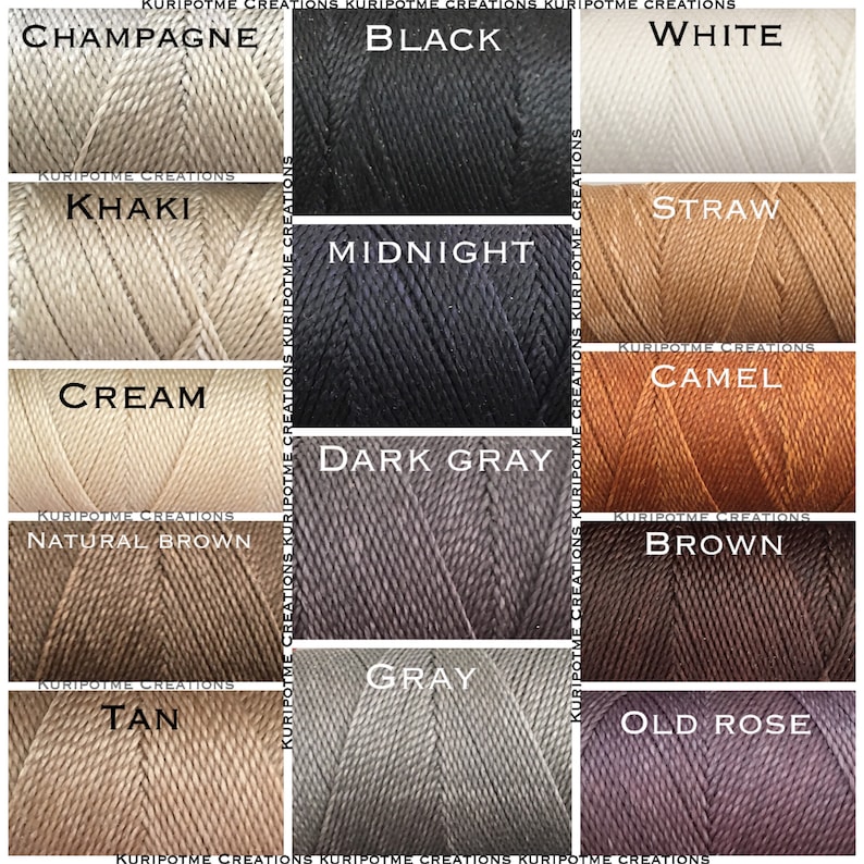 May include: A chart of 12 spools of embroidery floss in various colors, including champagne, black, white, khaki, cream, natural brown, tan, midnight, dark gray, gray, straw, camel, brown, and old rose. The spools are labeled with the color name and the brand "KURI POTME CREATIONS".