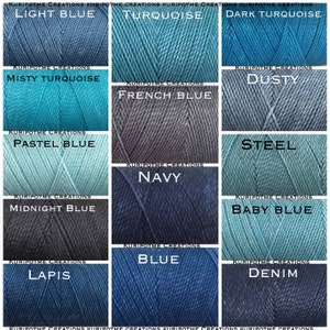 May include: A grid of twelve spools of thread in various shades of blue and turquoise, each labeled with text including Light Blue, Turquoise, Dark Turquoise, Misty Turquoise, French Blue, Dusty, Pastel Blue, Steel, Midnight Blue, Navy, Baby Blue, Lapis, Blue, and Denim.