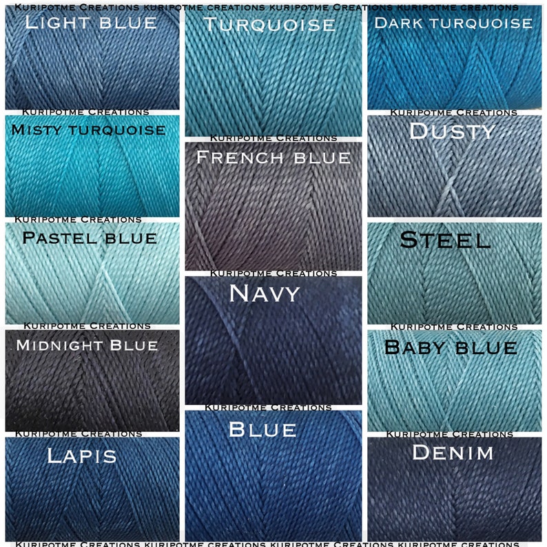 May include: A grid of twelve spools of thread in various shades of blue and turquoise, each labeled with text including Light Blue, Turquoise, Dark Turquoise, Misty Turquoise, French Blue, Dusty, Pastel Blue, Steel, Midnight Blue, Navy, Baby Blue, Lapis, Blue, and Denim.
