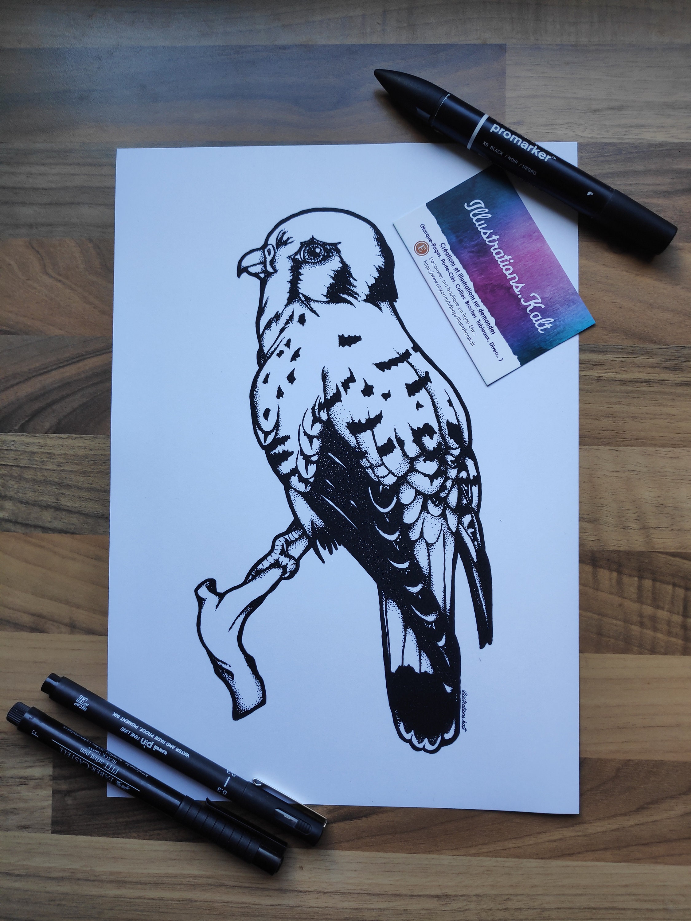 Print Illustration Faucon Crécerelle en Dotwork