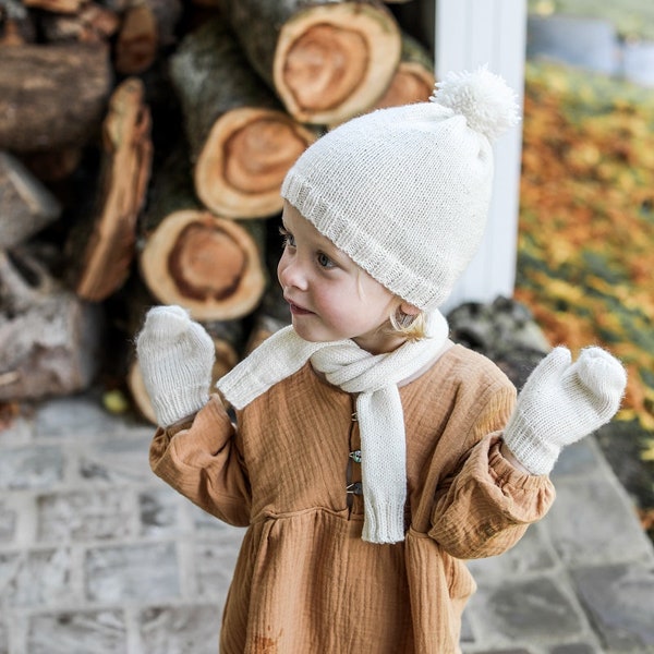 L'ensemble écharpe, bonnet et moufles bébé et enfant à tricoter soi-même en laine BB merinos made-in-France