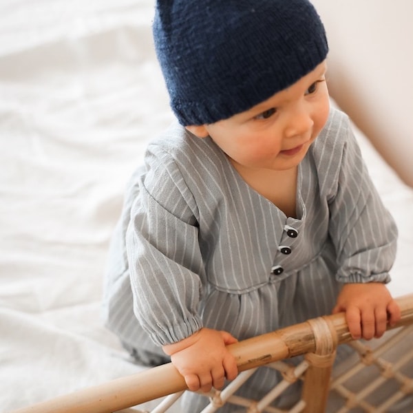 Robe bébé et fille à rayures kaki ou bleues en popeline de coton personnalisable