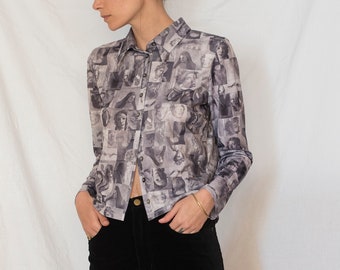 1990s Renaissance Printed Long Sleeve Shirt in Gray