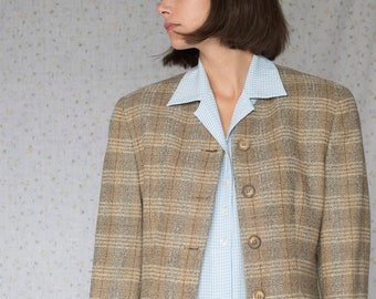 Blazer de lã sem gola xadrez vintage