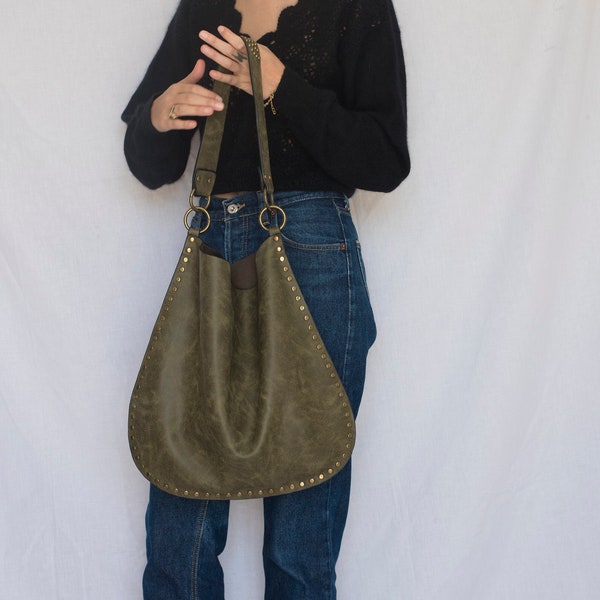 1990s Distressed Leather Studded Slouchy Bag