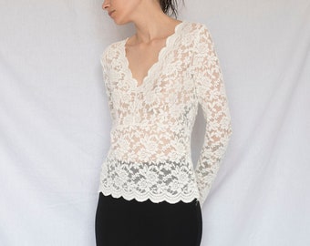 Y2K Lace and Embroidery Long Sleeve Top in Off White