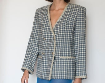 Vintage baby blue checked double breasted wool blazer jacket