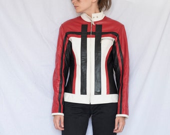 Y2K Biker  Leather Jacket in Red, Black and White