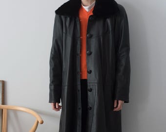 Y2K Oversized Leather Coat with Detachable Faux Fur Collar in Black
