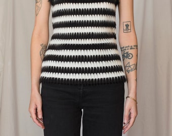 1980s Striped Hairy Sleeveless High Neck Sweater in Black and White