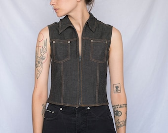 1990s Max&Co Denim Zip Up Vest with Brown Stitching Details