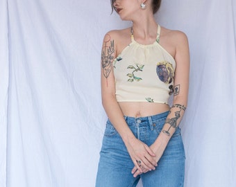 1990s Armani Jeans Printed Halter Neck Crop Top in Pastel Butter Yellow