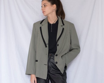 1990s Black and Off White Herringbone Blazer with Shoulder Pads