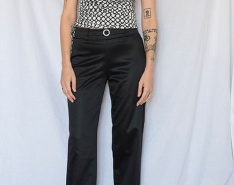 Y2K Black Satin High Waist Pants with Rhinestone Circle Detail