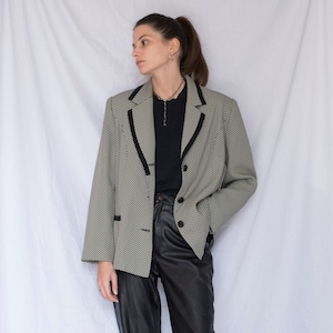 1990s Black and Off White Herringbone Blazer with Shoulder Pads