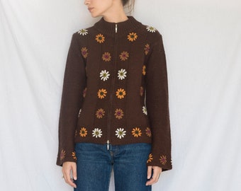 1990s Floral Wool Zip up Cardigan in Brown