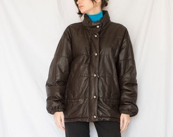 1980s Brown Leather Oversized Puffer Jacket