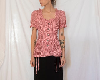 Y2K Gingham Cottage Core Puff Sleeve Top in Red