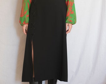 1990s Black Midi Skirt with Lace Up Side Detail