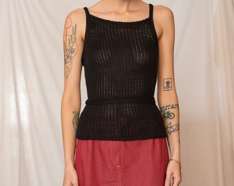 1990s Backless Crochet Linen Blend Top in Black