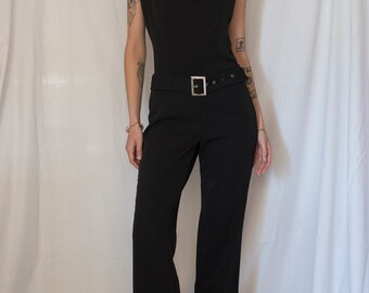 Y2K Flared Zip Up Jumpsuit with Belt in Black