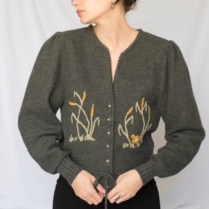 Austrian Gray Wool Embroidered Folk Cardigan with Puffy Sleeves