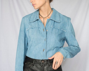 1990s Blue Denim Cropped Shirt Jacket