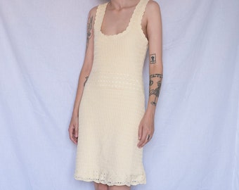 1970s Handmade Crochet Dress in Butter Yellow