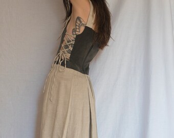 1980s Pinafore Suede and Linen Dress with Side Cut Outs