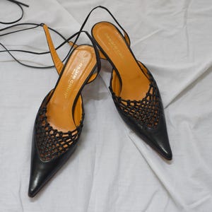 Y2K Woven Leather Pointed Toe Mules with Ankle Ties in Black