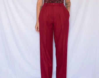 1990s High Waist Wool Pleated Trousers in Berry