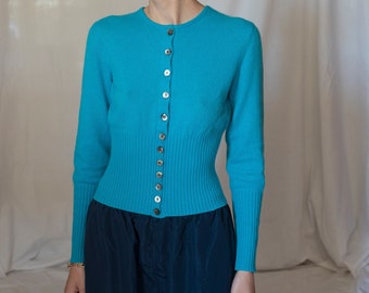 Cardigan corto in cashmere degli anni '90 in blu turchese