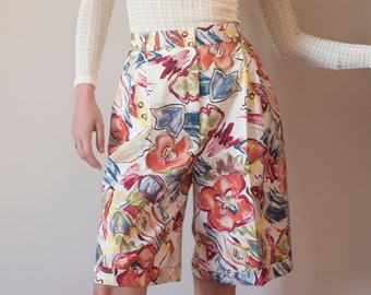 1980s Baggy Watercolor Floral Bermuda Shorts