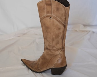 Y2K Distressed Leather Cowboy Boots in Tan