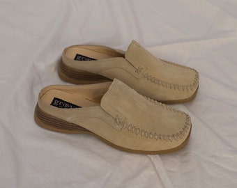 1990s Beige Suede Square Toe Mules with Stitching Detail