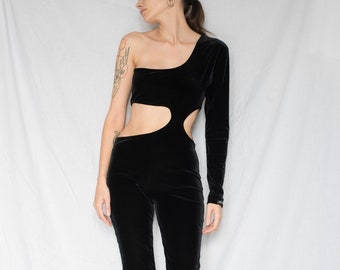 1970s Velvet One Shoulder Cut-Out Jumpsuit in Black
