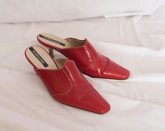 Y2K Leather Mules With Kitten Heel in Red