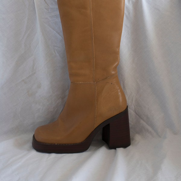 1990s Mustang Platform Knee High Leather Boots in Tan
