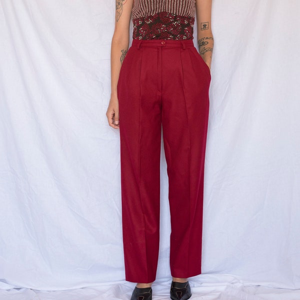 1990s High Waist Wool Pleated Trousers in Berry