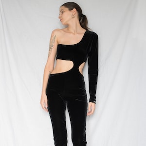 1970s Velvet One Shoulder Cut-Out Jumpsuit in Black