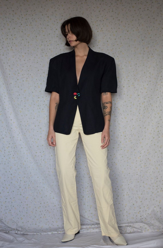 80s navy blue linen blazer with shoulder pads