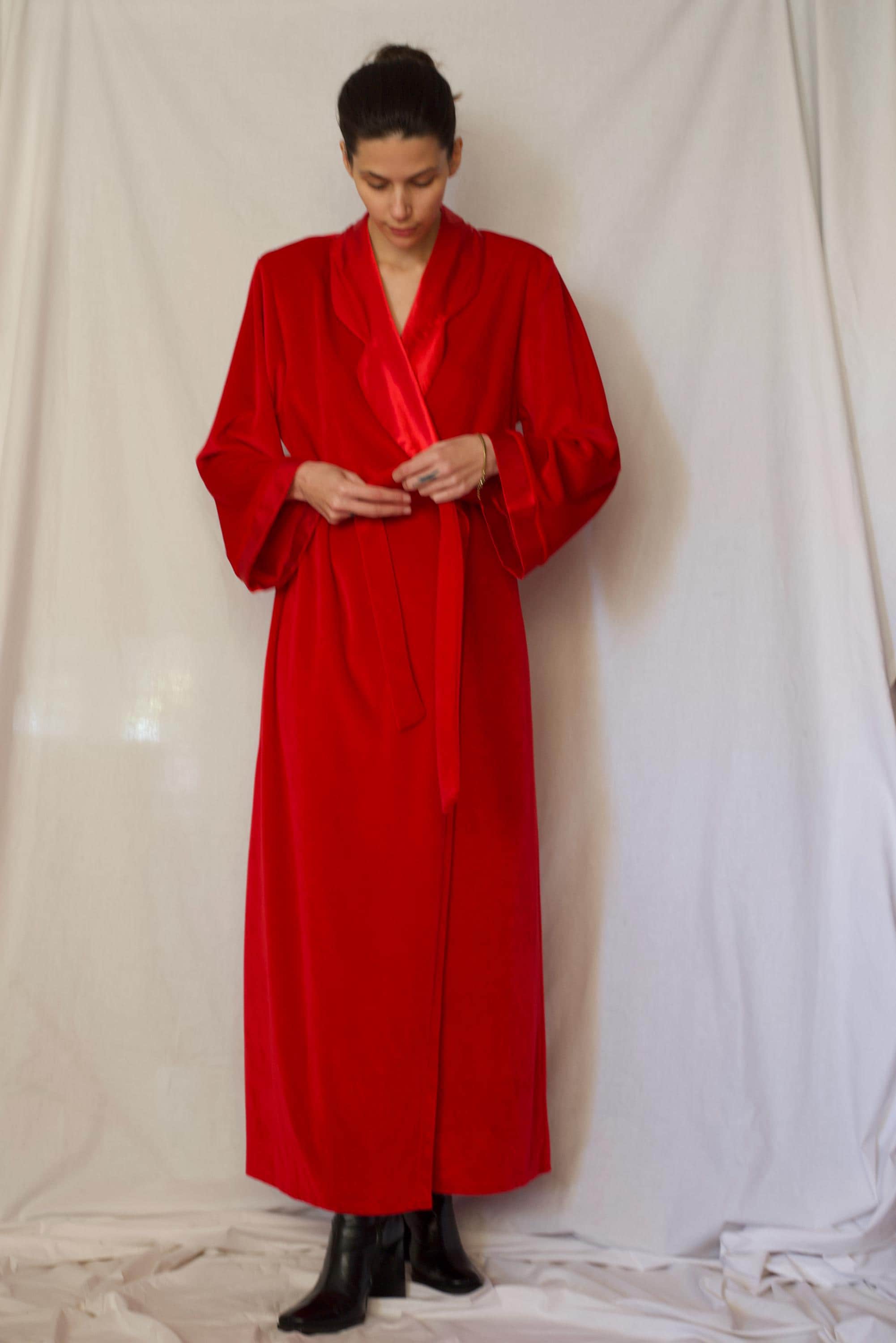 1990s Red Velvet Maxi Night Robe With Belt and Satin Details - Etsy