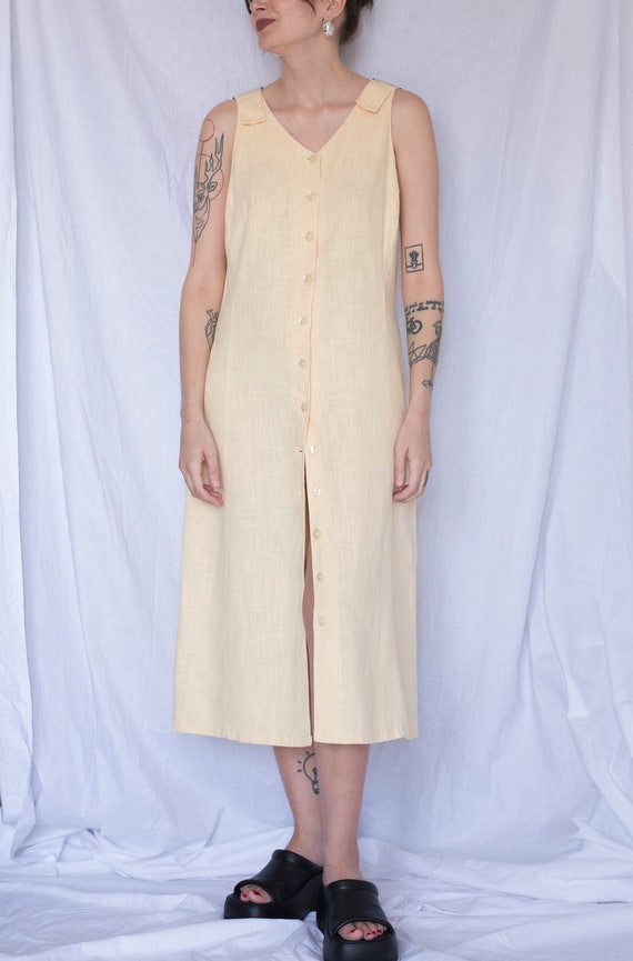 1990s Linen Pinafore Style Midi Dress in Butter Ye