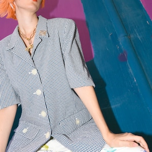 Vintage blue white gingham short sleeve  blazer