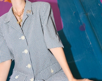 Vintage blue white gingham short sleeve  blazer
