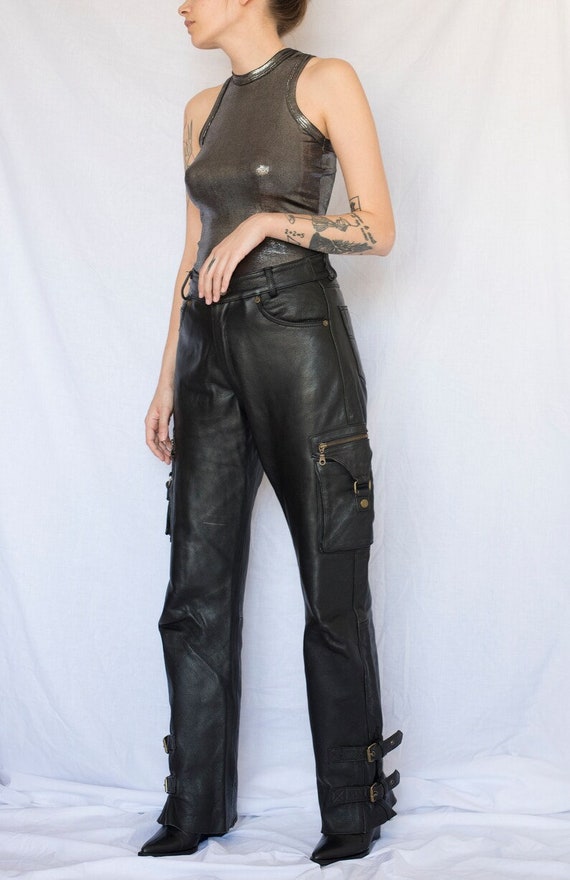 90s Leather Trousers| Vintage Biker Pants with laceup details| Women's Rock n Roll Trousers