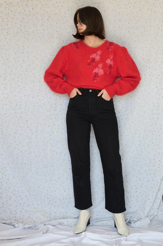 Vintage 80s red angora sweater with beads and puff