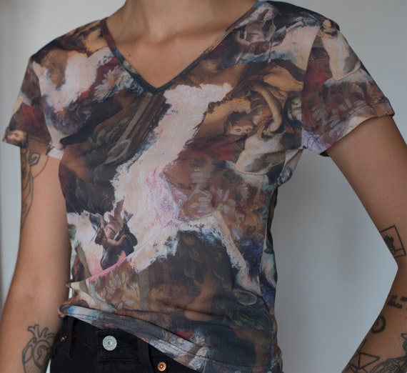 Vintage mesh printed short sleeve top