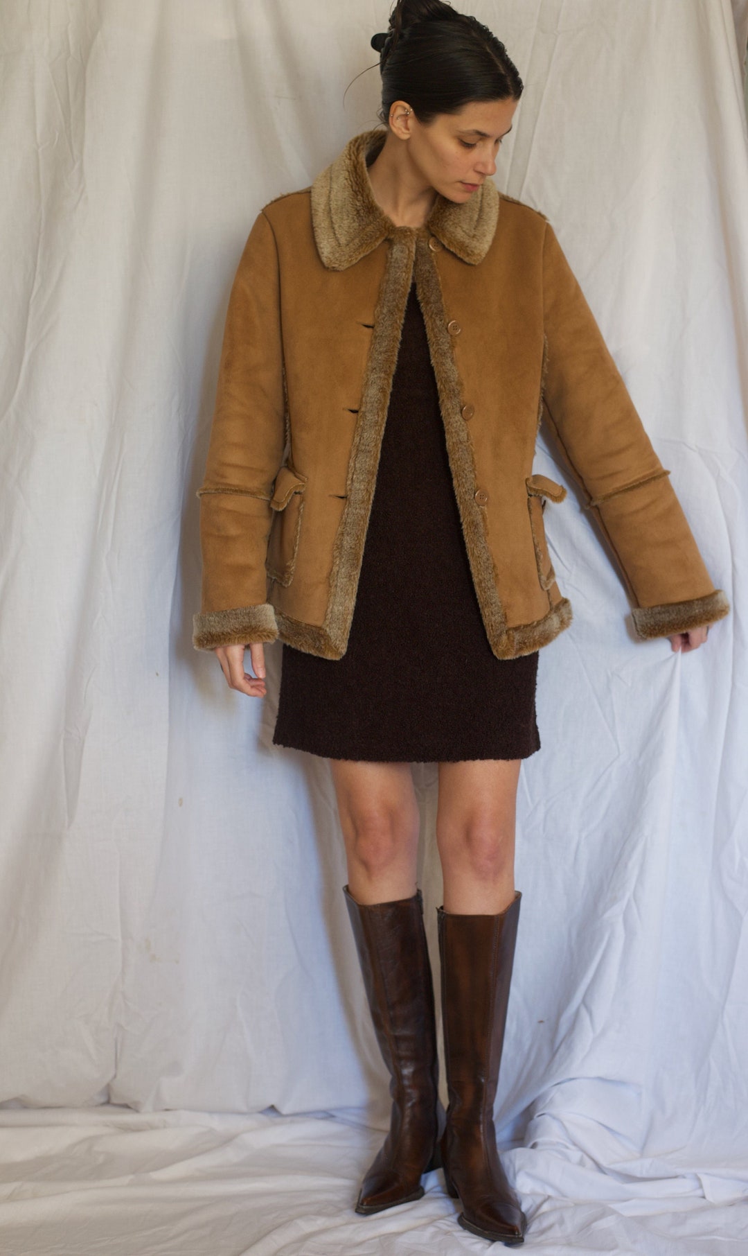 Vintage Y2K Double Breasted Light Brown Shearling Coat 16 18